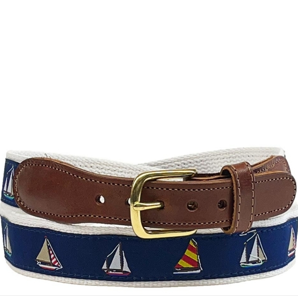 Preston Sailboat Pattern Belt with Brown Leather and Gold Buckle Size 32